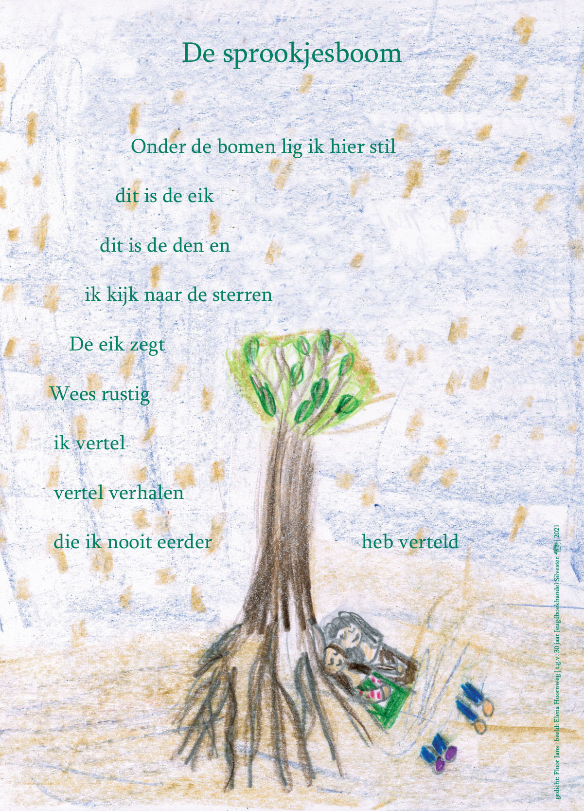 Een poster met een gedicht met als achtergrond een kindertekening van een boom, en twee lezende kindjes eronder.